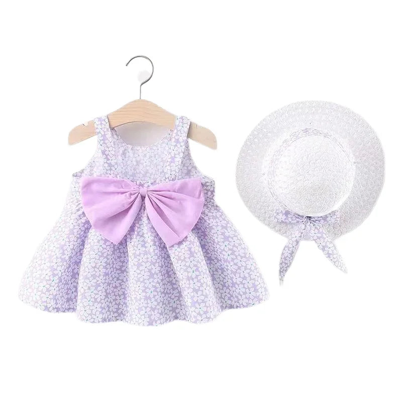 Summer Clothes Baby Girl Beach Dresses Casual Fashion Print Cute Bow Flower Princess Dress With Sunhat Newborn Clothing Set