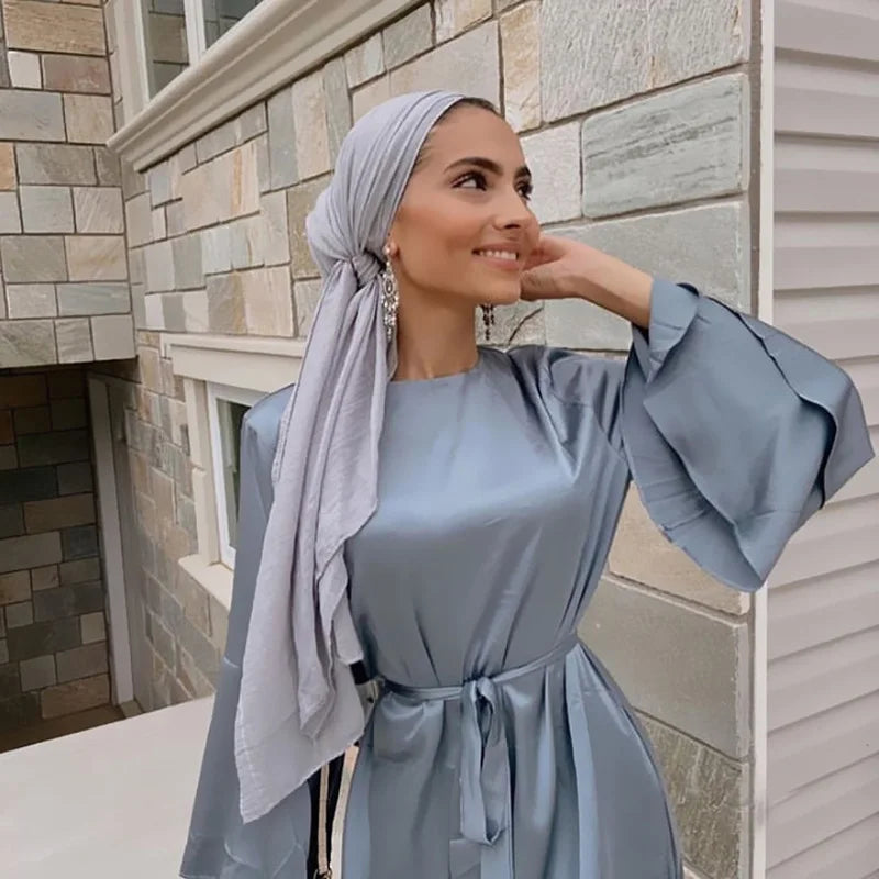 Maxi Satin Dress Muslim Modest Fashion Abaya High Quality Islamic Clothing Solid Color Flare Long Sleeve Women Dropshipping
