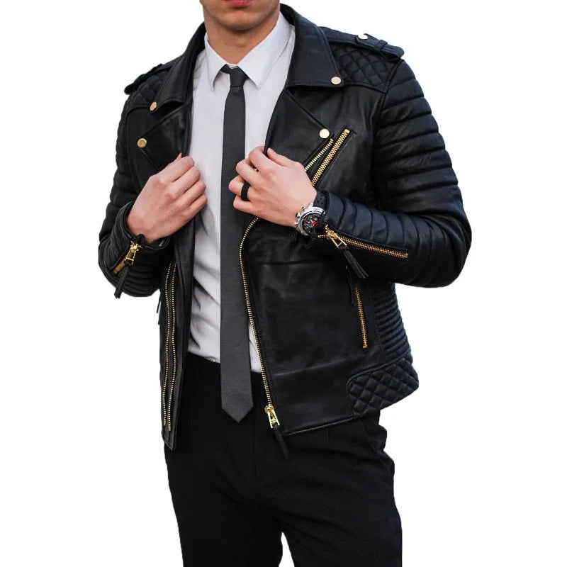 Men's Stylish Motorcycle Genuine Lambskin Leather Biker Jacket Black Gold Zipper Fashion Trends