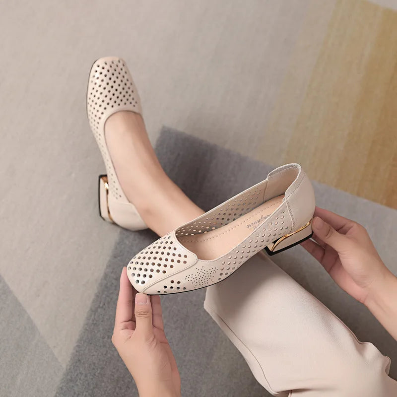 genuine Leather Sandals Women Low Heels Shoes 2024 Spring Summer Square Toe Soft Sole Women's Fashion Shoes Big Size