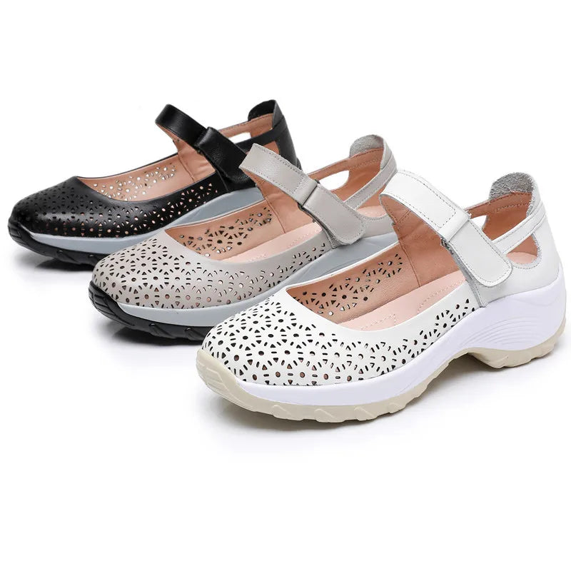 Women Platform Sandals Genuine Leather Comfy Flats Comfortable Ladies Casual Shoes Mom Sneakers Hollow Female Sandals