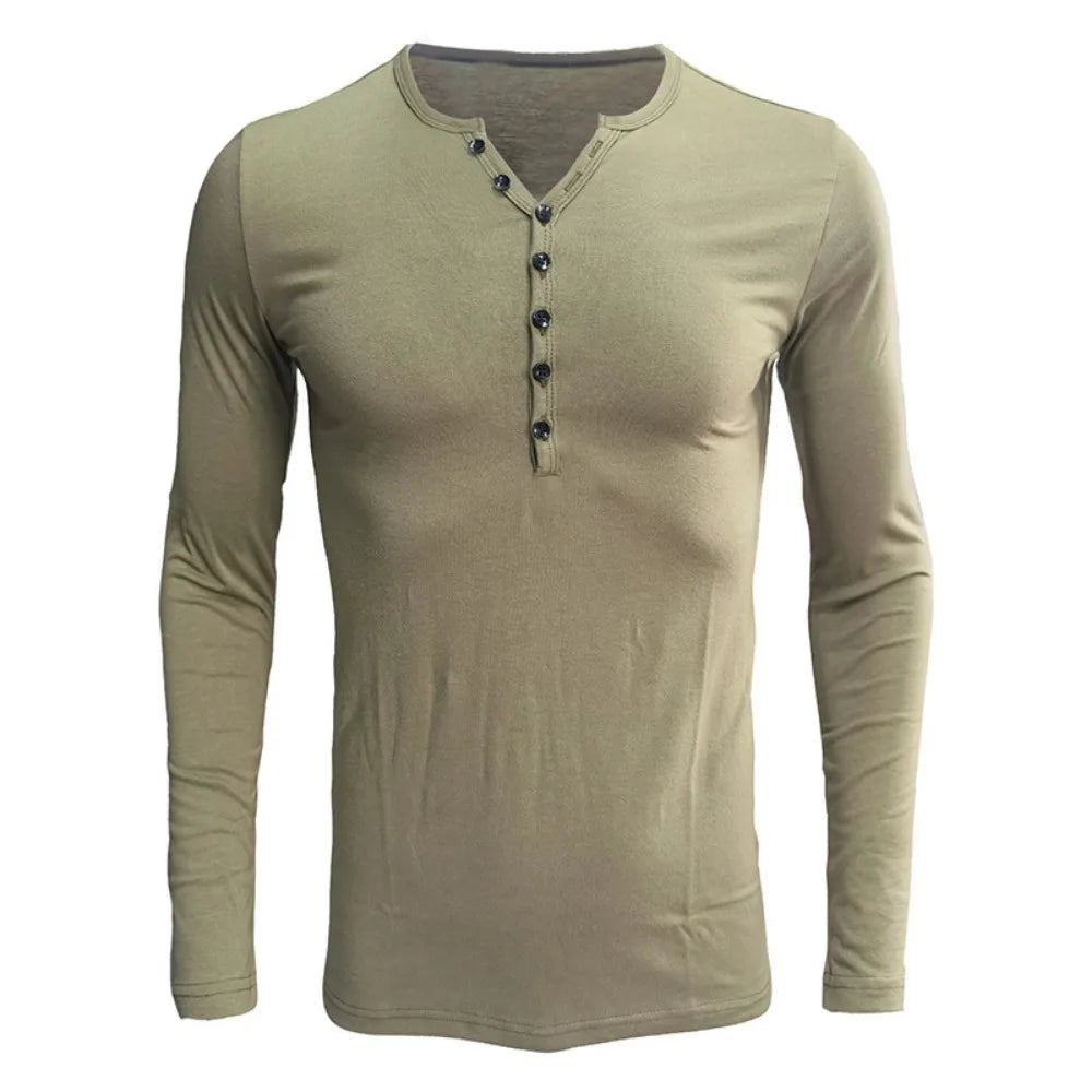 Mens Solid Henley Collar Shirts Men Casual Long Sleeve Basic Tee Bottoming Tops Male 2023 Ourdoor Sports Button Down T Shirts