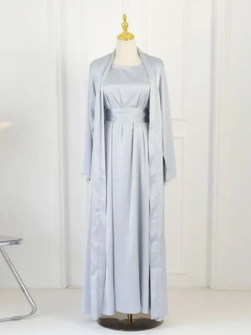 Latest diamond beading Kimono Muslim Robe abaya syari female full length Tassel Muslim abaya Worship Service abayas Sets wy1673