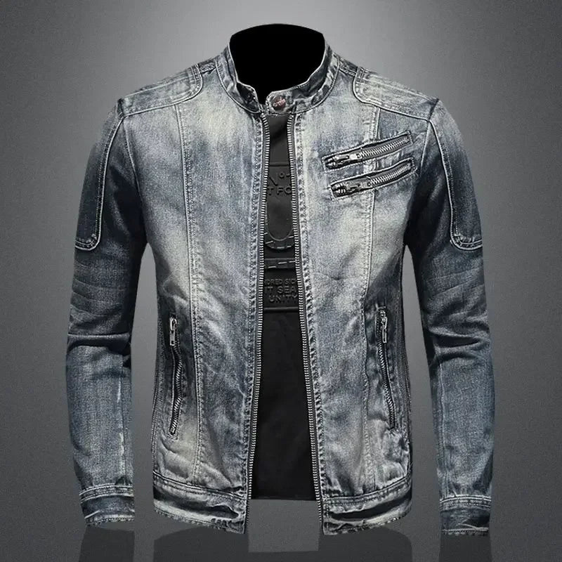 2023 new men's denim jacket trendy retro fashion casual stand-up collar zipper jacket handsome riding biker clothing denim tops