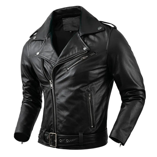 Genuine Cowhide Leather Motorcycle Coat Jacket Men Lapel Jackets s Clothing Real