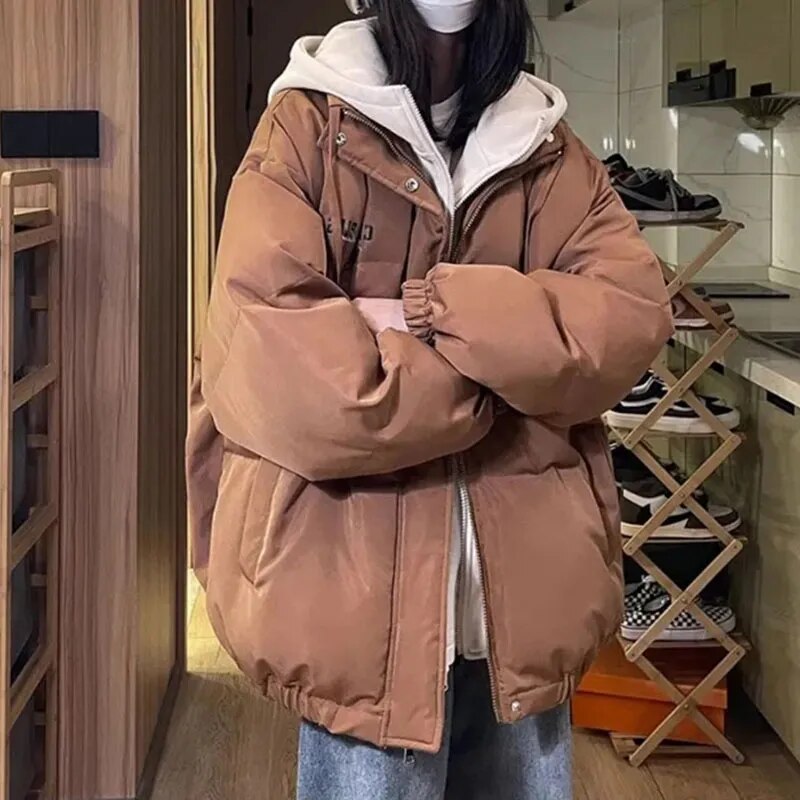 😍Fake Two Piece Cotton Coat Women Winter Hooded Outwear Zipper Loose Casual Thicken Warm Windproof Female Bomber Jackets