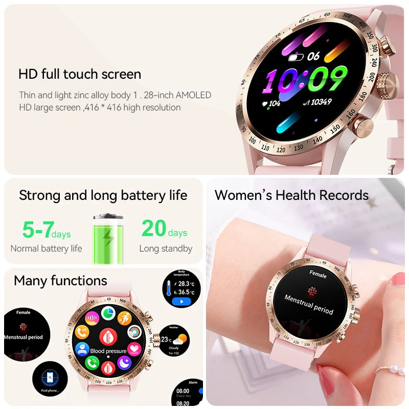 1.28 inch AMOLED Screen Smart Watch For Women Wireless Call Connect Phone Health Monitor Waterproof Sport Ladies Smartwatch