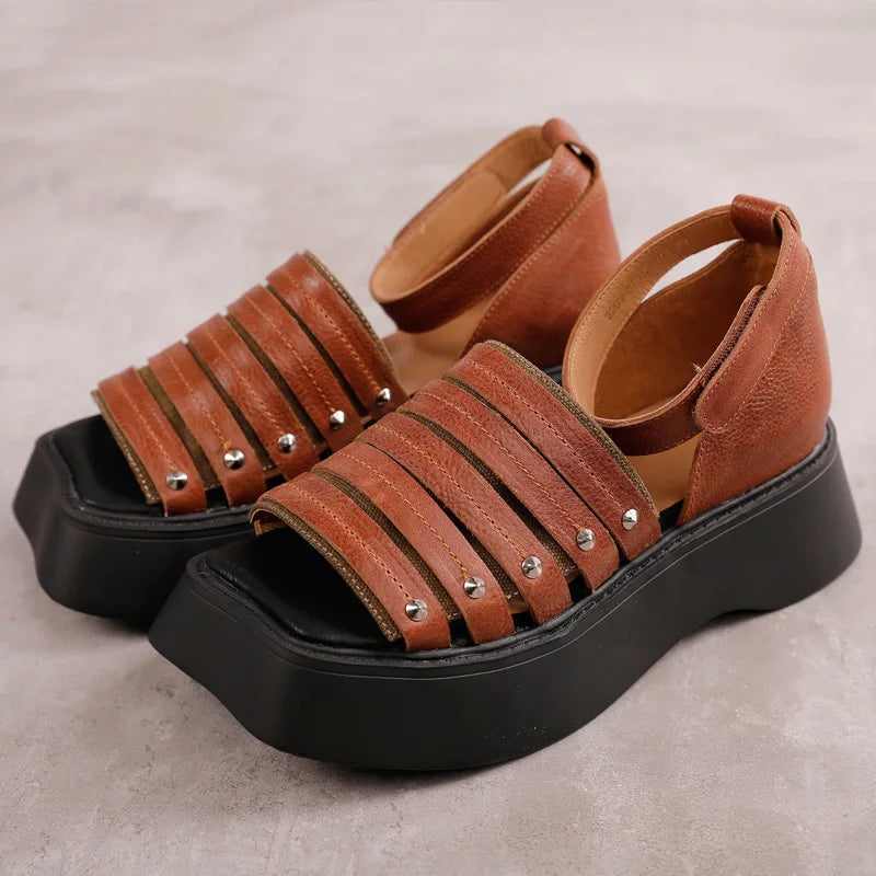 Leather Retro Women Shoes Summer Sandals 2024 New Hook & Loop Handmade Concise Leisure Platform Sandals