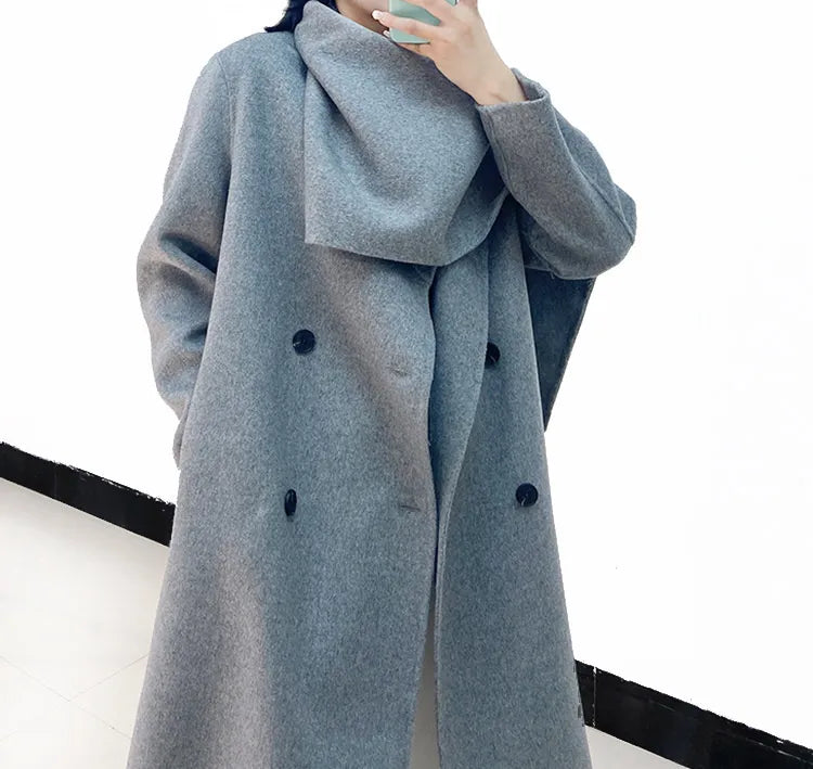 isaballa🍀 Winter New Shawl Scarf Collar Double-breasted Solid Color Women's Double-sided Woolen Belt Coat