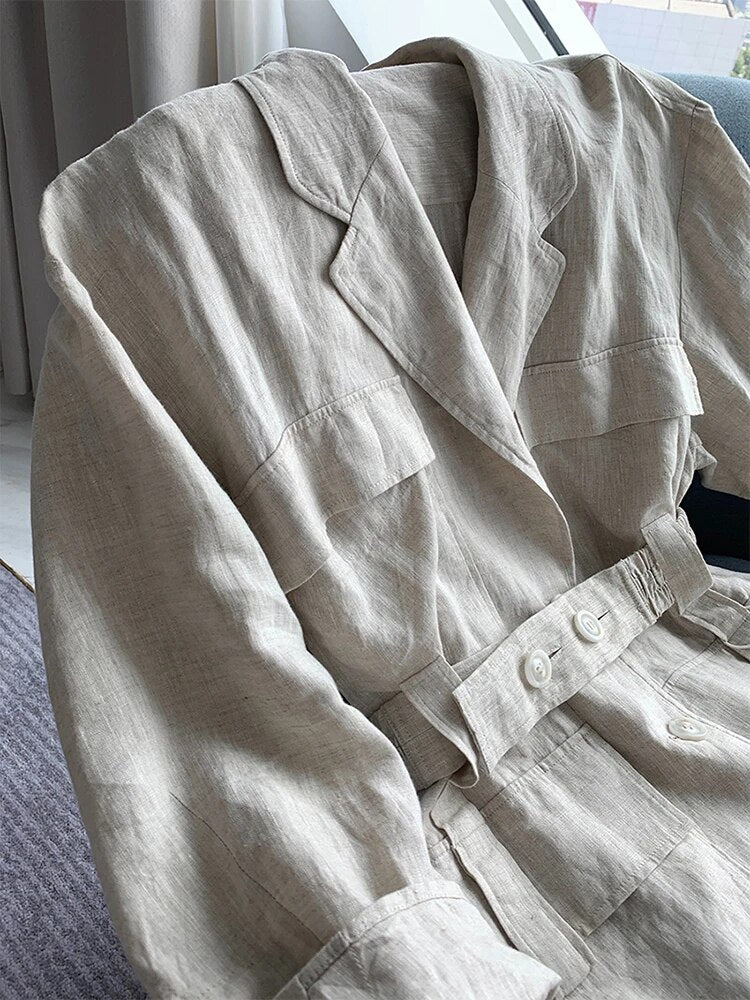 [EAM] Loose Fit Linen Button Split Joint Big Size Jacket New Lapel Long Sleeve Women Coat Fashion Tide Spring 2023 1X5010