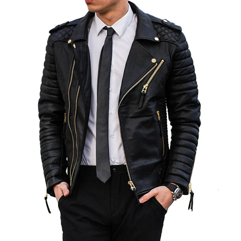 Men's Stylish Motorcycle Genuine Lambskin Leather Biker Jacket Black Gold Zipper Fashion Trends