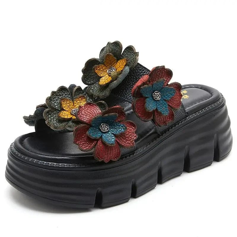 Flower Genuine Leather Summer Women Platform Leisure Novelty Slippers Luxury Elegance Sandals Shoes