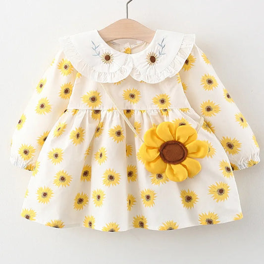 2Piece Spring Fall Toddler Girl Clothes Set Korean Cute Doll Collar Long Sleeve Print Flowers Dress+Bag Newborn Baby Dresses 074