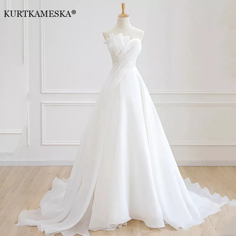 Luxury White Satin Chiffon Strapless Wedding Trailing Dresses