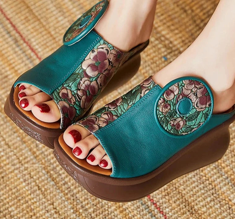Fish-mouth Summer Genuine Leather Slippers Women Sandals 2024 New Platform Wedges Slippers Ethnic Sandals Women Shoes