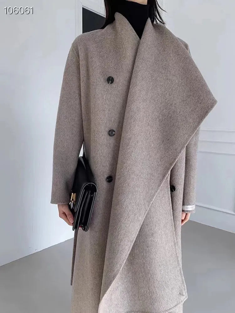 isaballa🍀 Winter New Shawl Scarf Collar Double-breasted Solid Color Women's Double-sided Woolen Belt Coat
