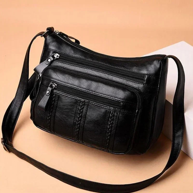 🍒New Casual Female Bag Soft PU Leather Shoulder High-quality Multi-pocket Shoulder Bag Solid Color Ladies Crossbody Bag