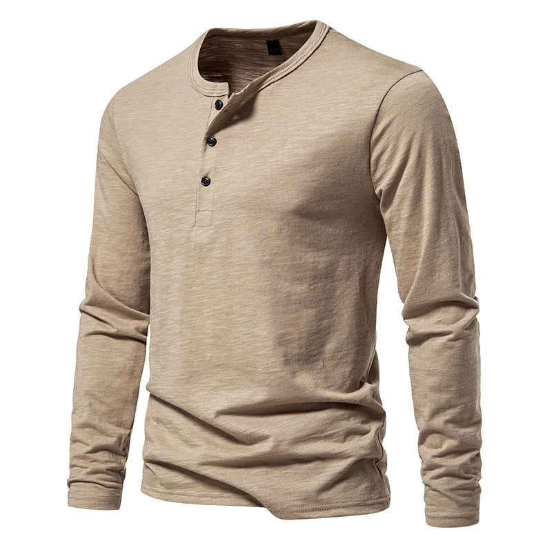 New Mens Cotton T-shirt Henley Neck Fashion Design Slim Loose T-shirts Male Tops Tees Long Sleeve Polo Shirt for Men