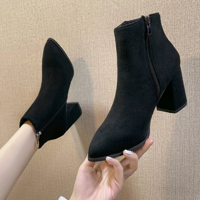 2022 Fashion Short Boots Women's Pointed Toe Thick Heel Autumn and Winter New Thin Side Zipper Comfortable Bare Boots Women