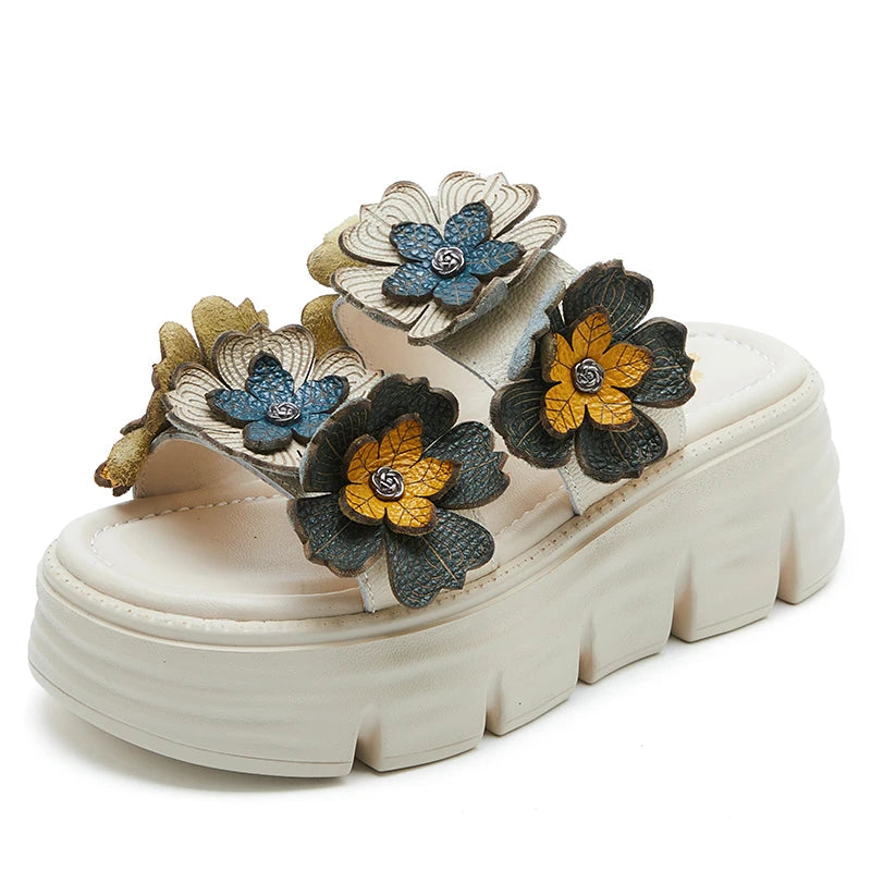 Flower Genuine Leather Summer Women Platform Leisure Novelty Slippers Luxury Elegance Sandals Shoes