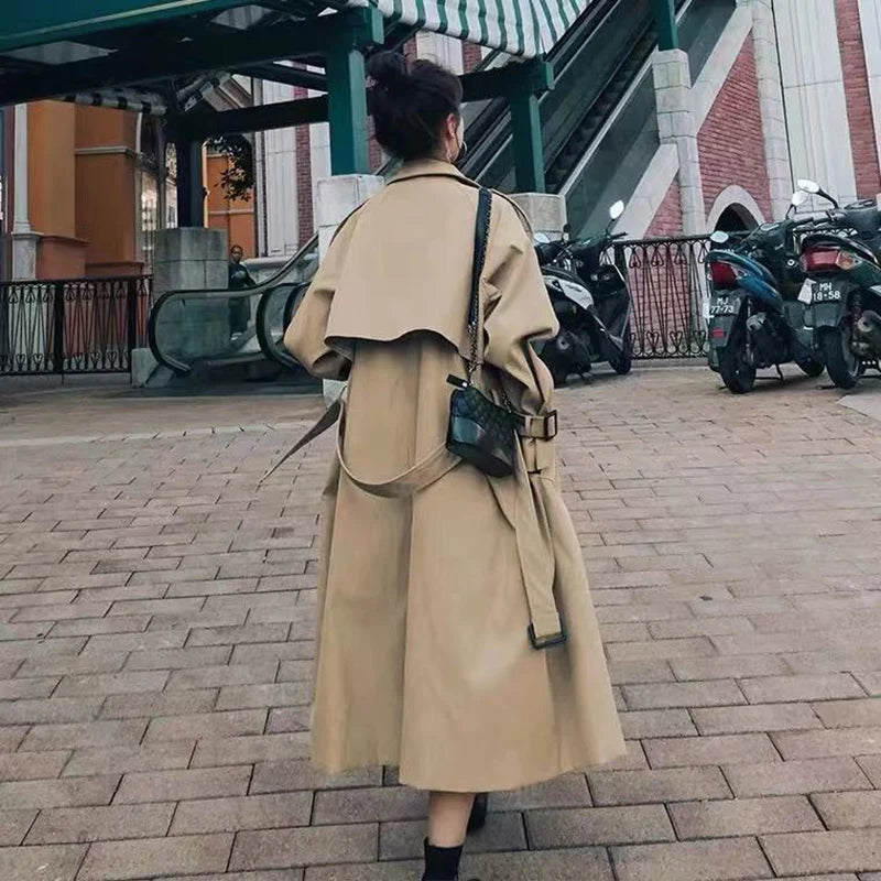 Khaki Windbreaker Women Fall Elegant Korean Casual Long Trench Coat Loose Retros Double Breasted Solid Tunic Sashes Overcoats