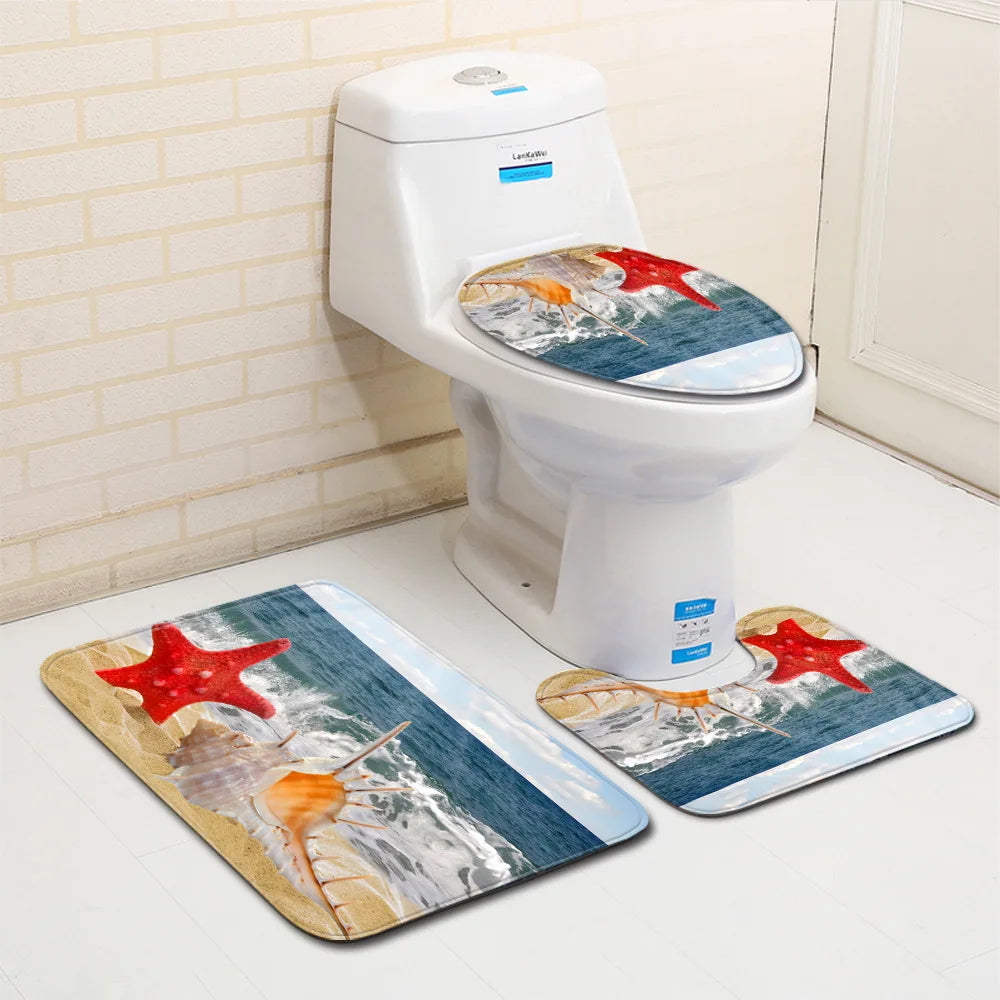 ❤️3 Piece Set Beach Shells Floor Mat Door Mat Bathroom Carpet Bathroom Carpets Toilet Seat Cover Floor Mat Bathroom Decor