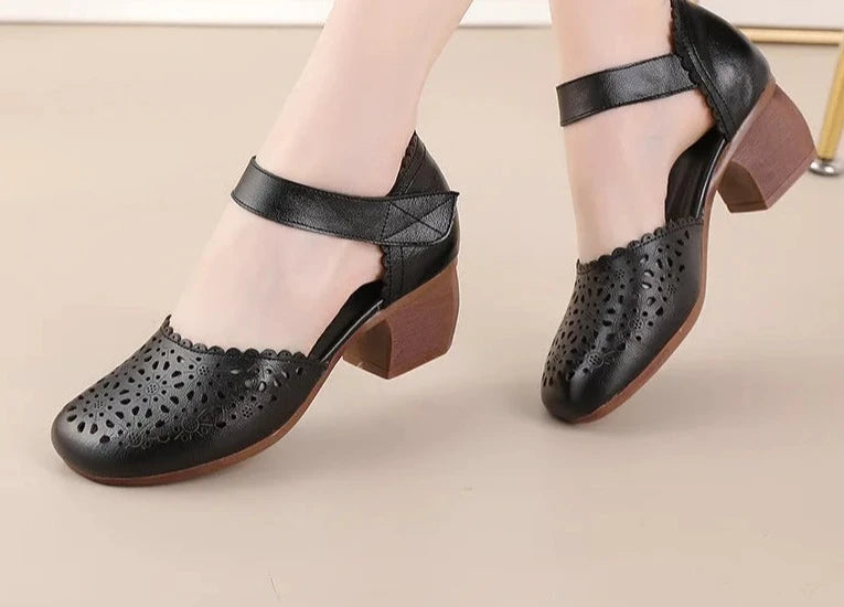 Women Shoes New Soft Bottom Genuine Leather Women Sandals Retro Hollow Thick Heels Sandals For Mother