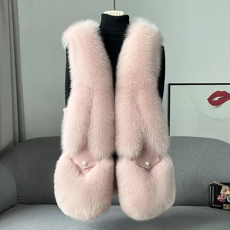 🦋2023 New Fox Fur Grass Vest Women's Mid length Leather and Fur One Piece True Wool Tank Top Coat