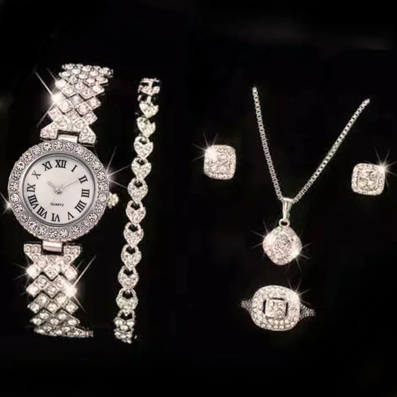 Fashion Luxury Full Crystal 5 Pcs Watch  Necklace Earrings  Ring  Set for Women Rhinestone  Wristwatch Female Bracelet Set Gift