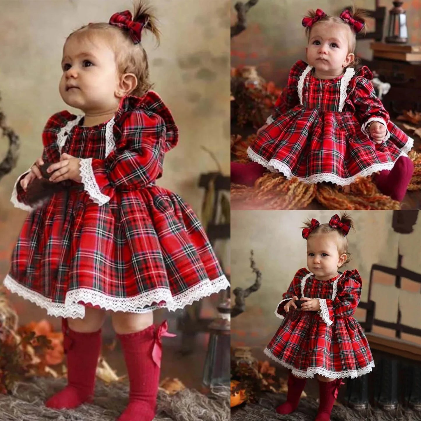 Christmas Dress Baby Girls Red Plaid Lace Ruffles Tutu Princess Party Dress Xmas Outfit Clothes