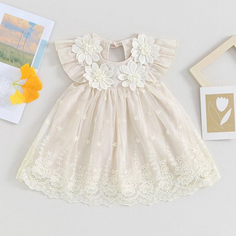 Toddler Baby Girl Floral Dress Fly Sleeve Flower Print Smocked Dress Embroidery Lace Dress Sundress Princess Dress