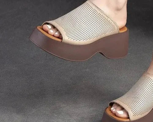 Leather Summer Shoes Women Slippers Wedges Outside Slides Leisure 2024 New Handmade Concise Ladies Slippers