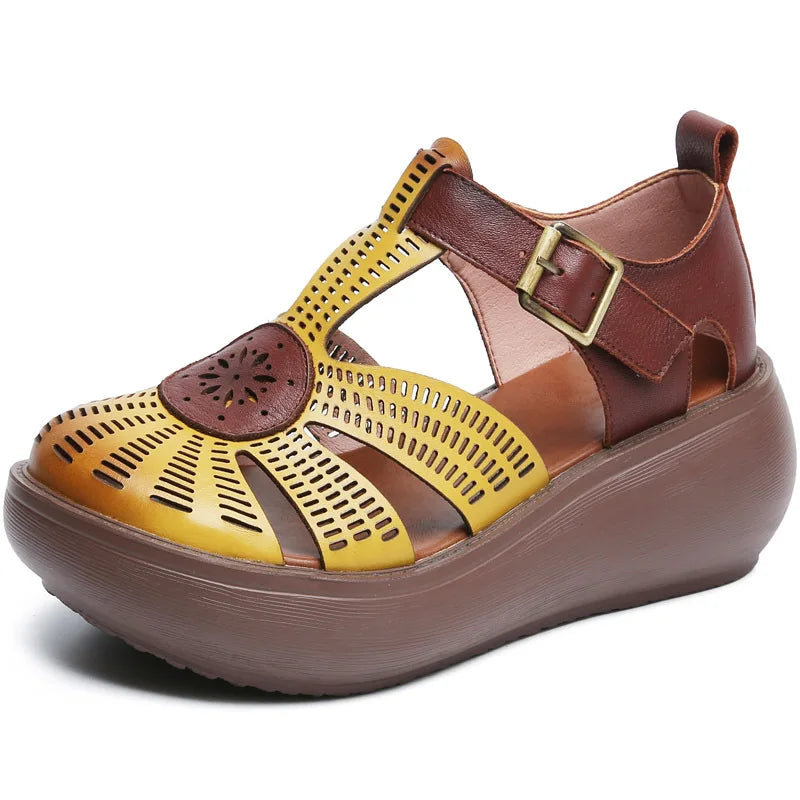 Genuine Leather Shoes Women Sandals Mixed Colors Retro Buckle Strap 2024 New Wedges Handmade Concise Platform Sandals