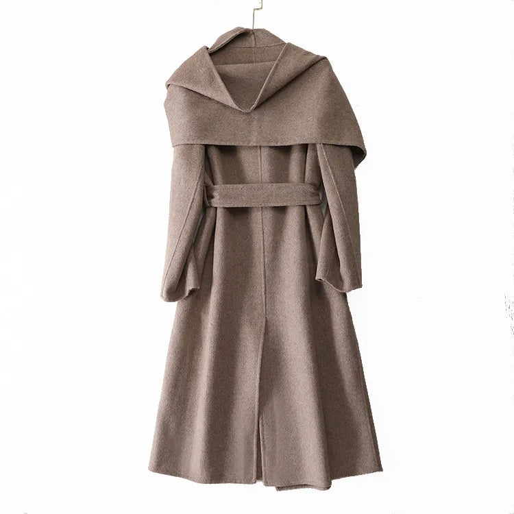 isaballa🍀 Winter New Shawl Scarf Collar Double-breasted Solid Color Women's Double-sided Woolen Belt Coat