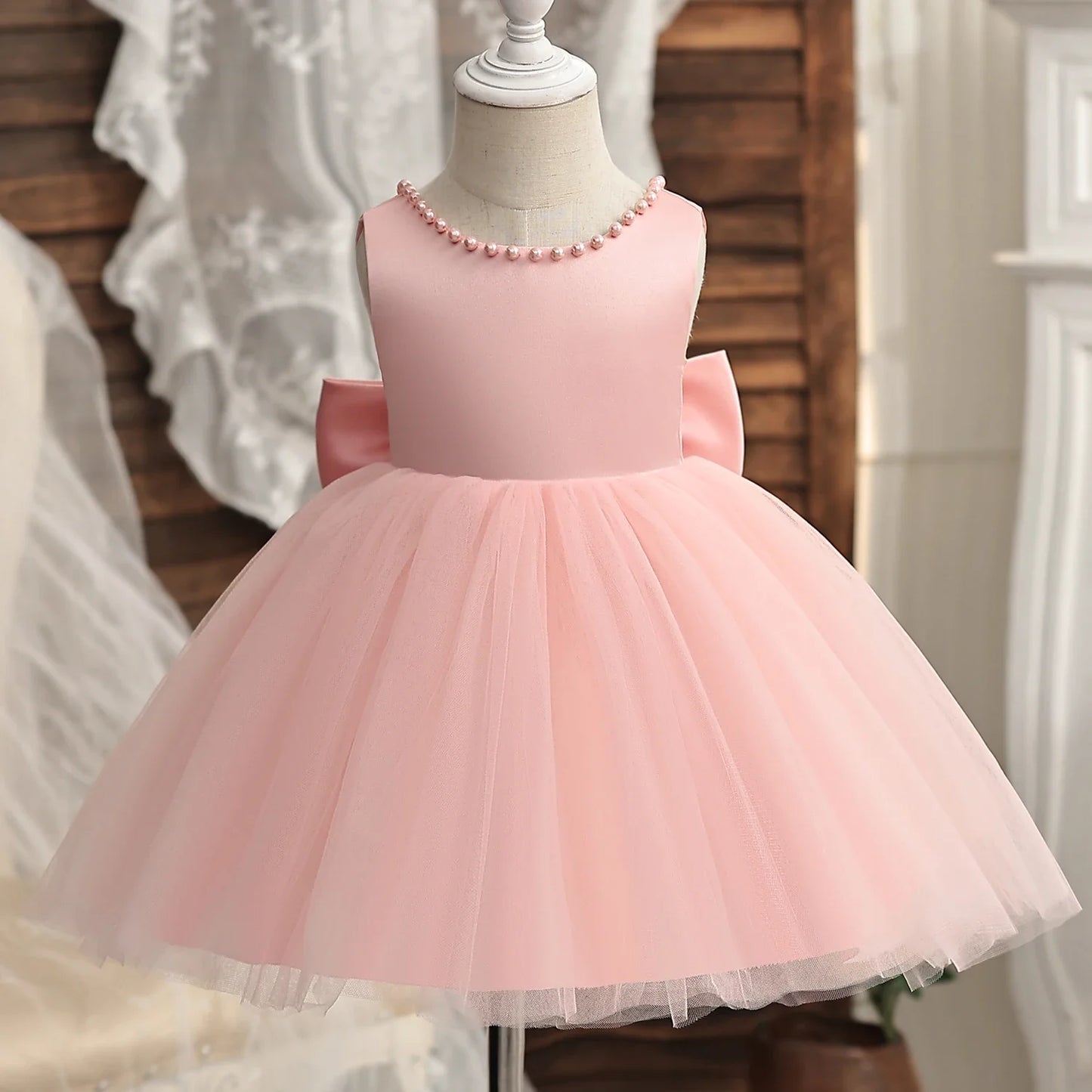 2024 Infant Baby Baptism Dress For Girls Kids Wedding Party Dresses Bow Beaded Tulle Christening Gown Birthday Children Clothes.