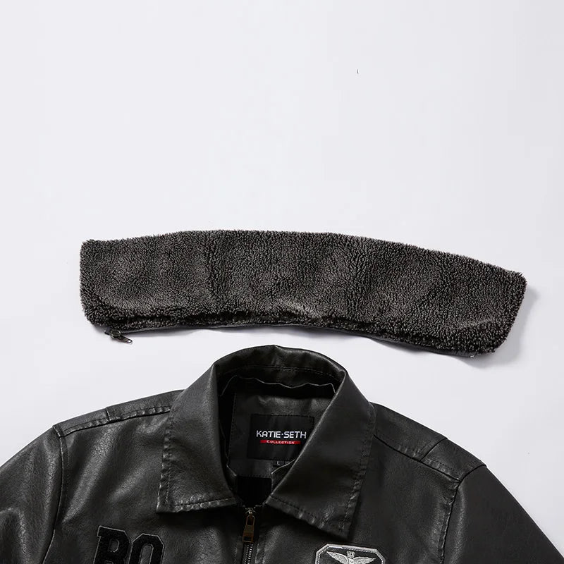 Leather Jacket Men Winter Fleece Original Moto & Biker Embroidery Removable Fur Collar Windbreaker Ropa De Hombre Slim Coat