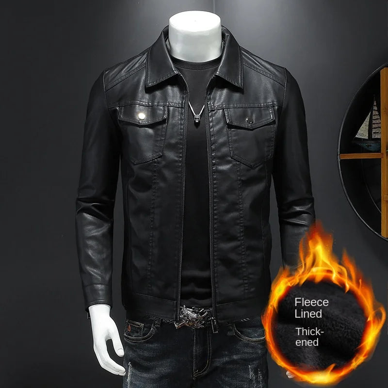 New Trend Men's Leather Jackets Thick Winter Warm Jacket Slim Fit Cool  Motorcycle Turn-down Collar Zipper  Coats