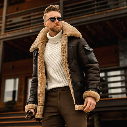 Men's Fleece Jacket Turn Down Fur Collar Thick Coats Warm Thick Fleece Jackets Casual Male Long Sleeve Outwear Men Outwear