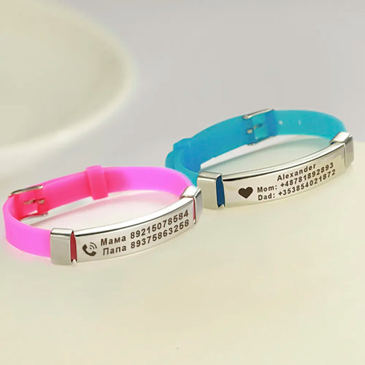 🌹Personalized ID Bracelet Kids Children Adjustable Soft Silicone Stainless Steel Pendant Emergency Name Phone Custom Bracelets