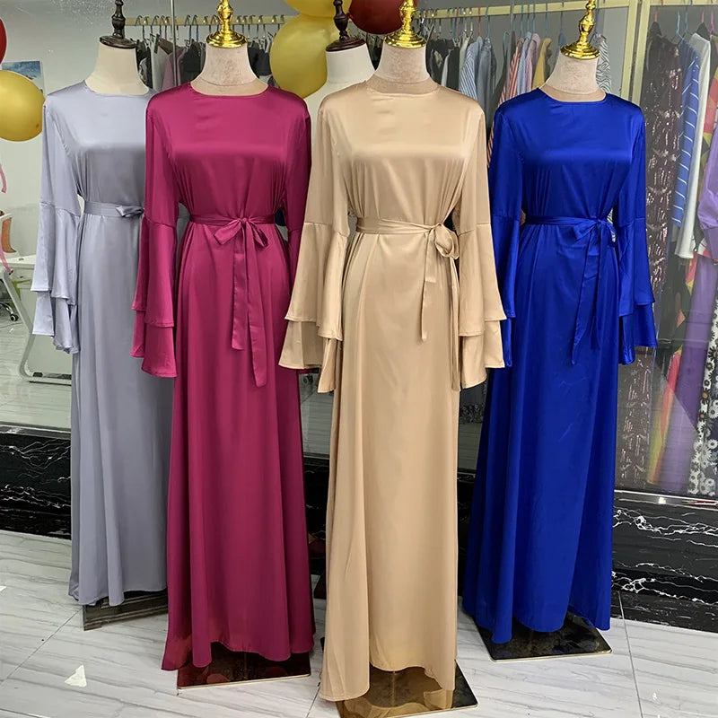 Maxi Satin Dress Muslim Modest Fashion Abaya High Quality Islamic Clothing Solid Color Flare Long Sleeve Women Dropshipping