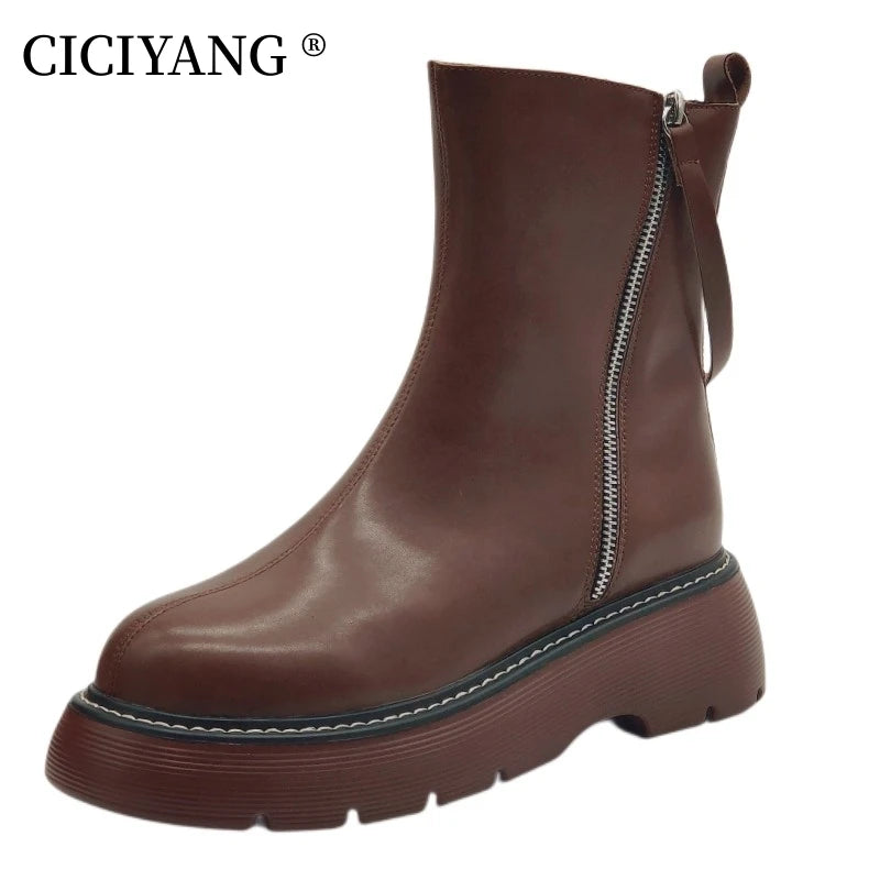 CICIYANG Chunky Marton Boots Women Genuine Leather 2023 Autumn Winter British Style Chelsea Short Boots Ladies Ankle Boots Black