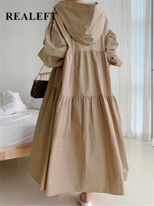 REALEFT 2023 New Hooded Oversize Women's Shirts Dresses Puff Sleeve Solid Casual Loose Straight Long Dress Female Spring Autumn
