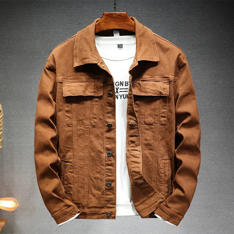 2023 New Spring Autumn Men's Brown Denim Jacket Fashion Casual Cotton Elasticity Slim Fit Jeans Coat Male Brand Clothes