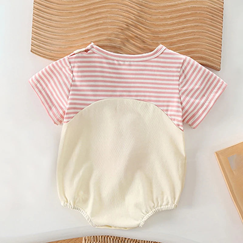 Baby Girls Romper, Short Sleeve Crew Neck Striped Bunny Ears False 2-piece Patchwork Infant Bodysuit Easter Clothes