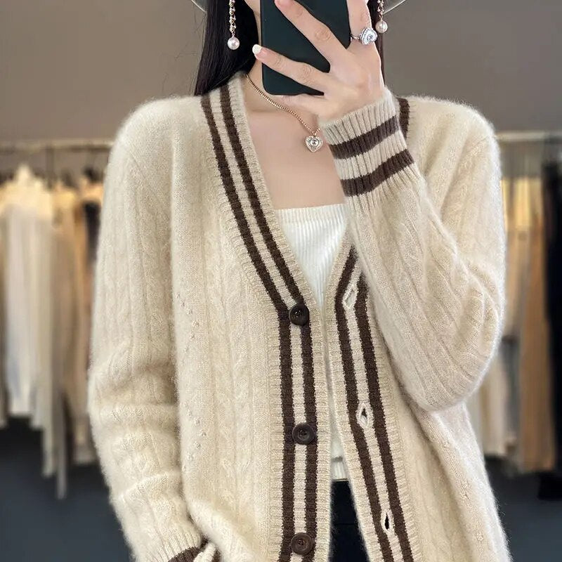 Autumn New V-neck Twisted Long-sleeved Wool Cardigan Women's Loose Lazy-style Cashmere Top Thickened Sweater Jacket