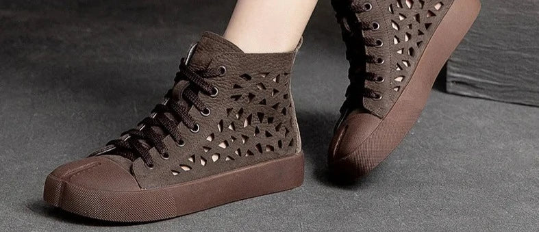 Women Sneakers Summer Shoes Genuine Leather Sandals Lace-Up Hollow 2023 New Handmade All-Match Platform Sneakers
