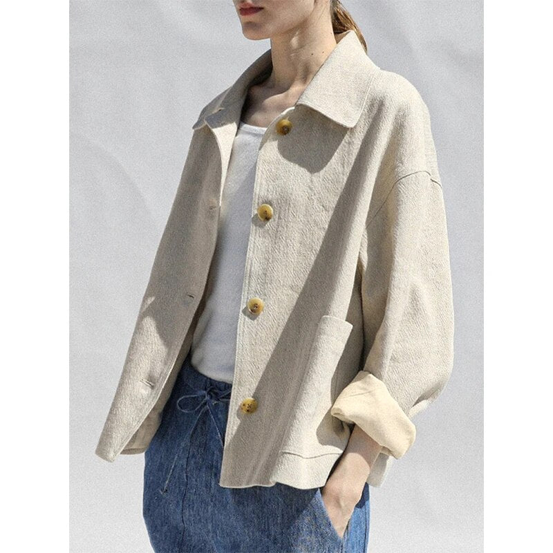 Vintage Cotton Linen Blazer Woman Casual Long Sleeve Button Up Elegant Jacket Autumn Coats Outerwear Casacos