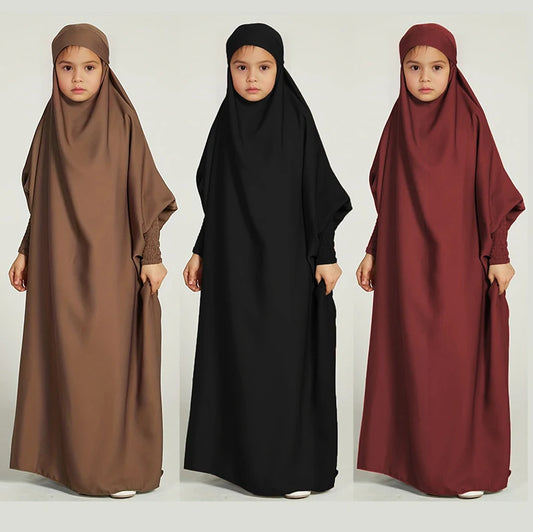 Ramadan  Muslim kids Girls Abaya Solid Long Kaftan Robe Dress Kids Clothes For Gift