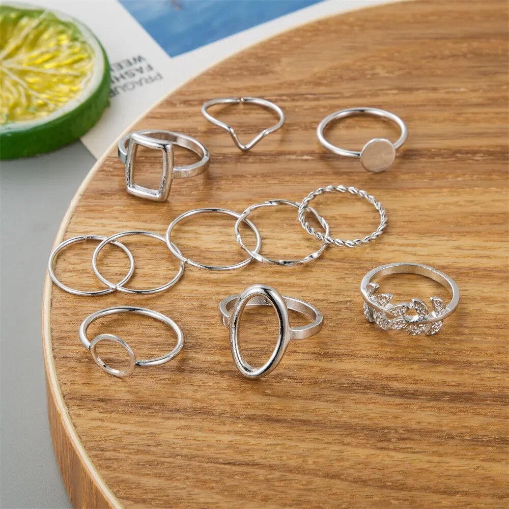 ❤️‍🔥New Fashion Creative Geometric Leaf Wave Hollow Ring Set 11 Pcs for Women Men Simple Knuckle Ring ❤️‍🔥Charm Wedding Party Jewelry