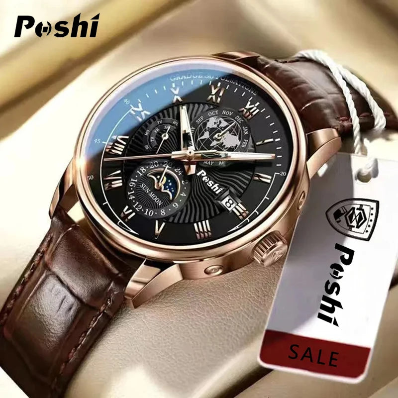 Swiss Brand POSHI Men Watch Fashion Top Luxury Sport Men's Wristwatch Waterproof Luminous Leather Date Quartz Watches Man clock